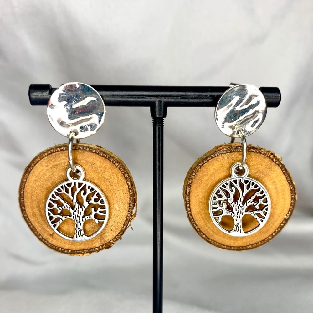 ⭐️ Silver Stud Wood Earrings with Tree of Life Charms